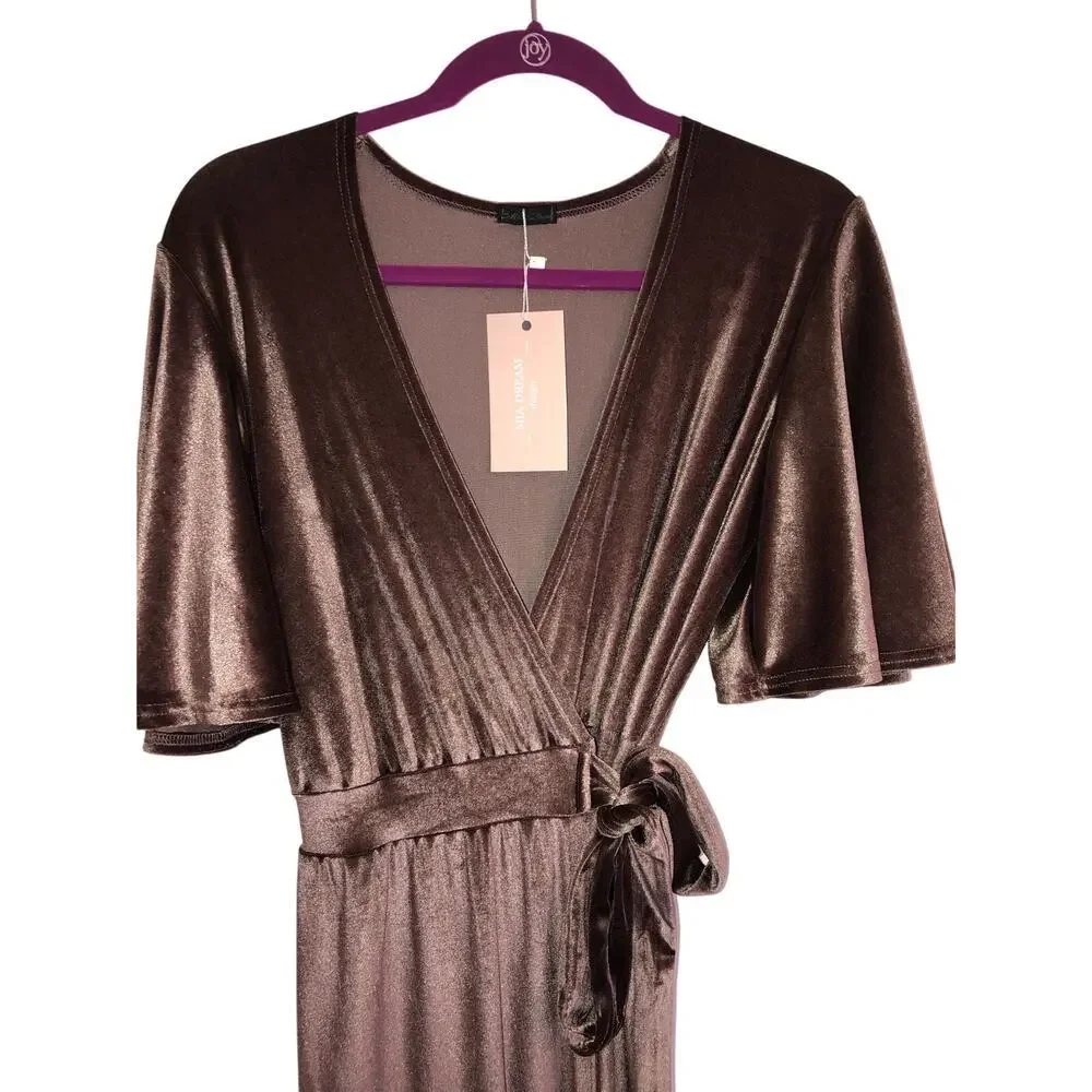 Velvet Wrap Dress Mia Dream Design Size S Maxi Wedding Evening Taupe Brown NEW
